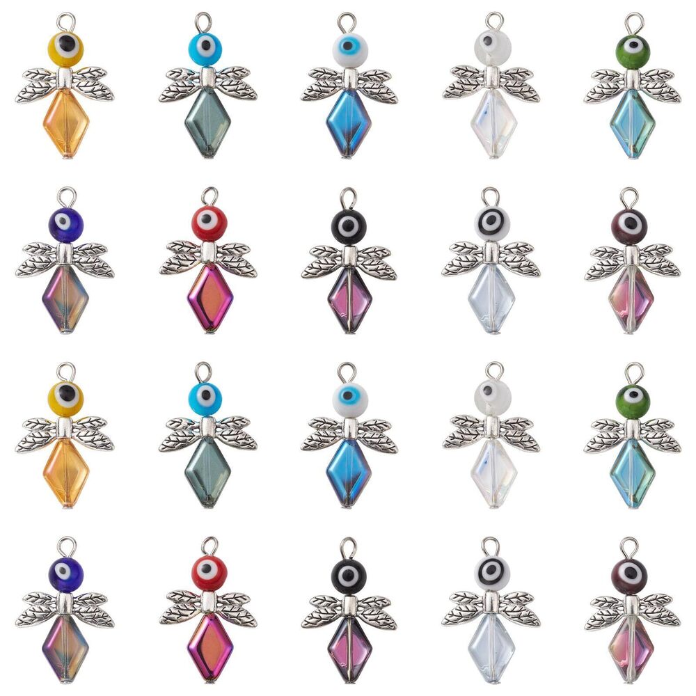 6303 20 Pcs 10 Color Angel Fairy with Evil Eye Lampwork Charms Antique